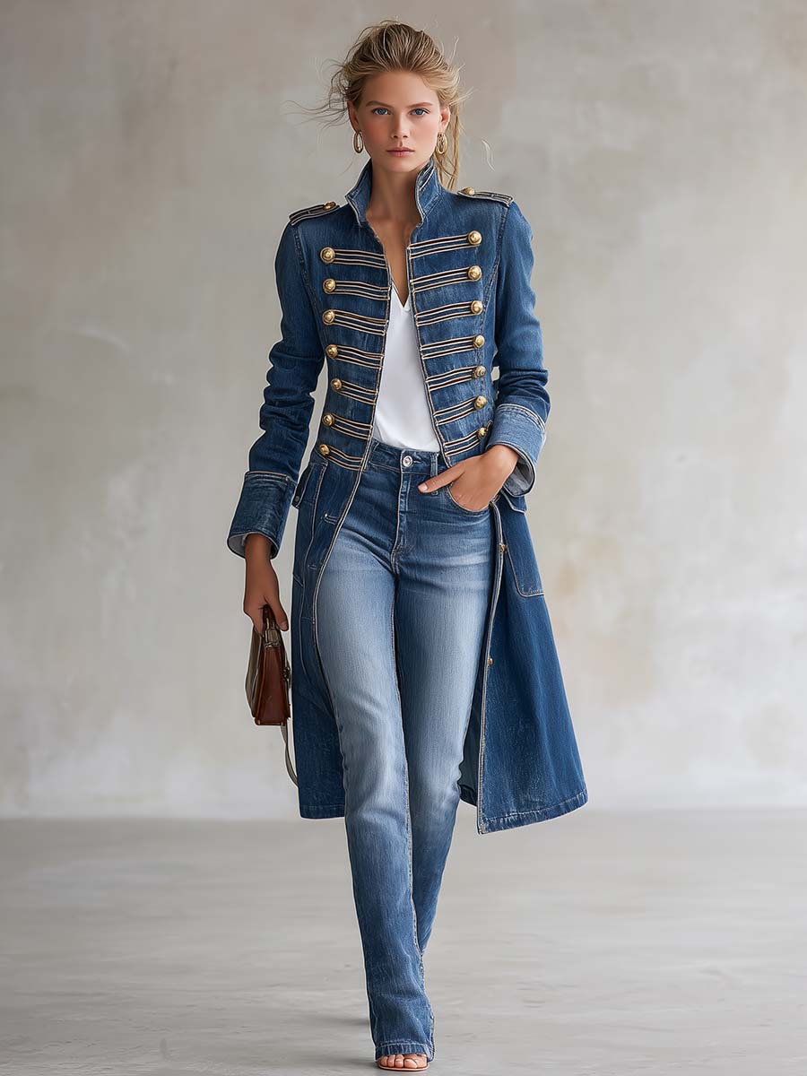Janet | Military Denim Coat with Gold Buttons