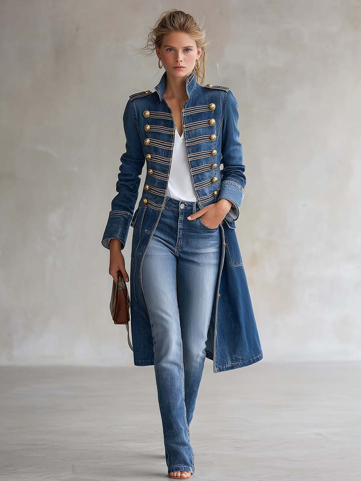 Janet | Military Denim Coat with Gold Buttons