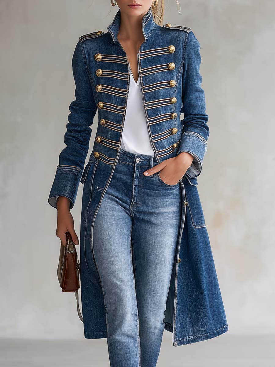 Janet | Military Denim Coat with Gold Buttons