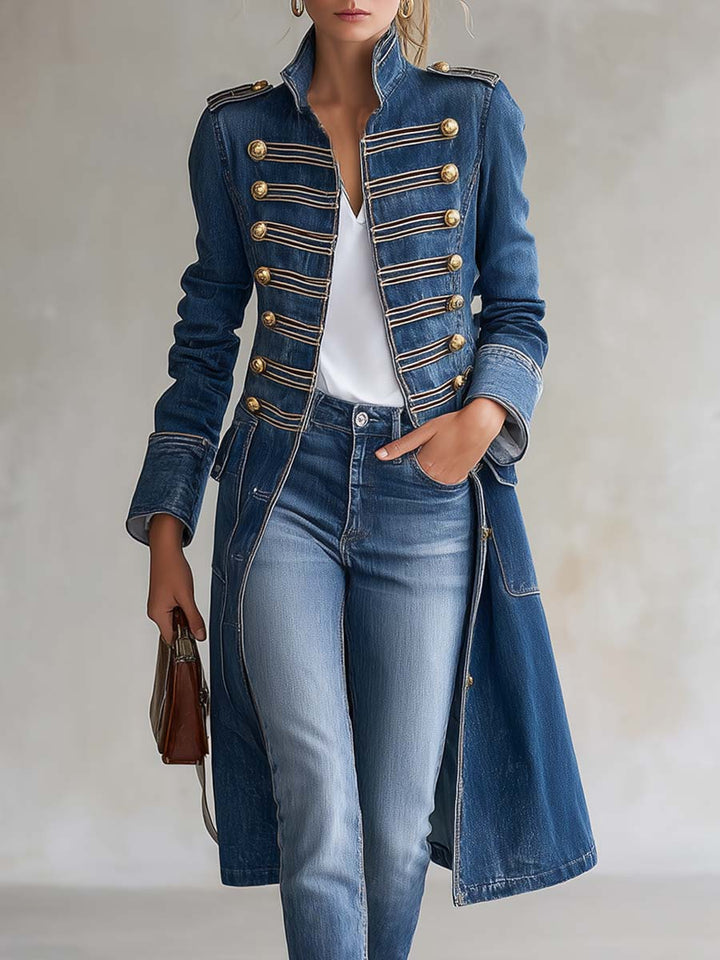 Janet | Military Denim Coat with Gold Buttons