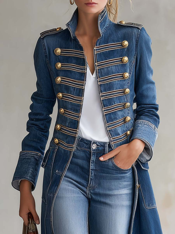 Janet | Military Denim Coat with Gold Buttons