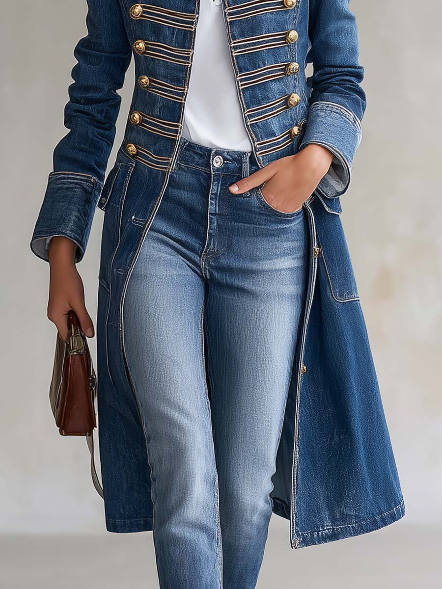 Janet | Military Denim Coat with Gold Buttons