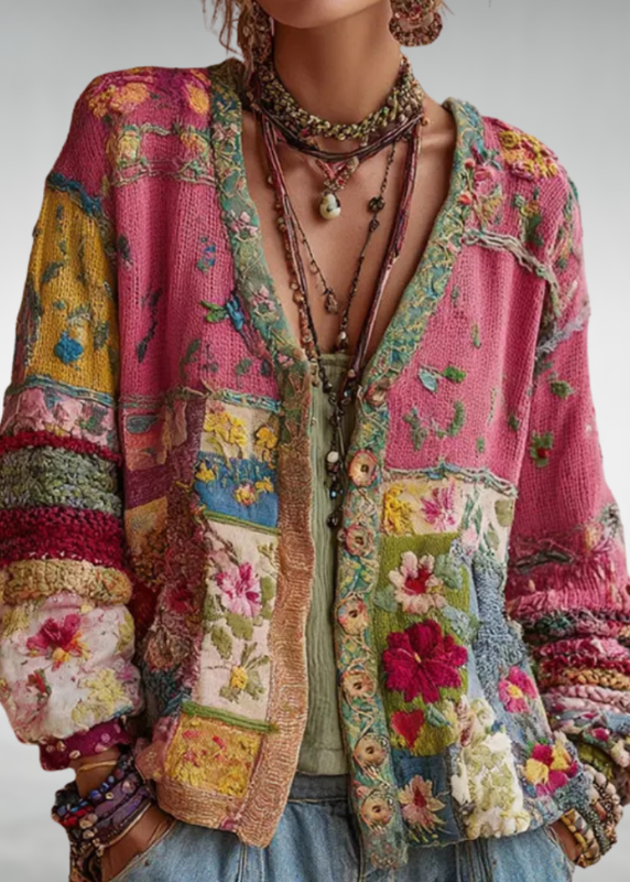 Opal | Patchwork Cardigan with Bohemian Floral Knit