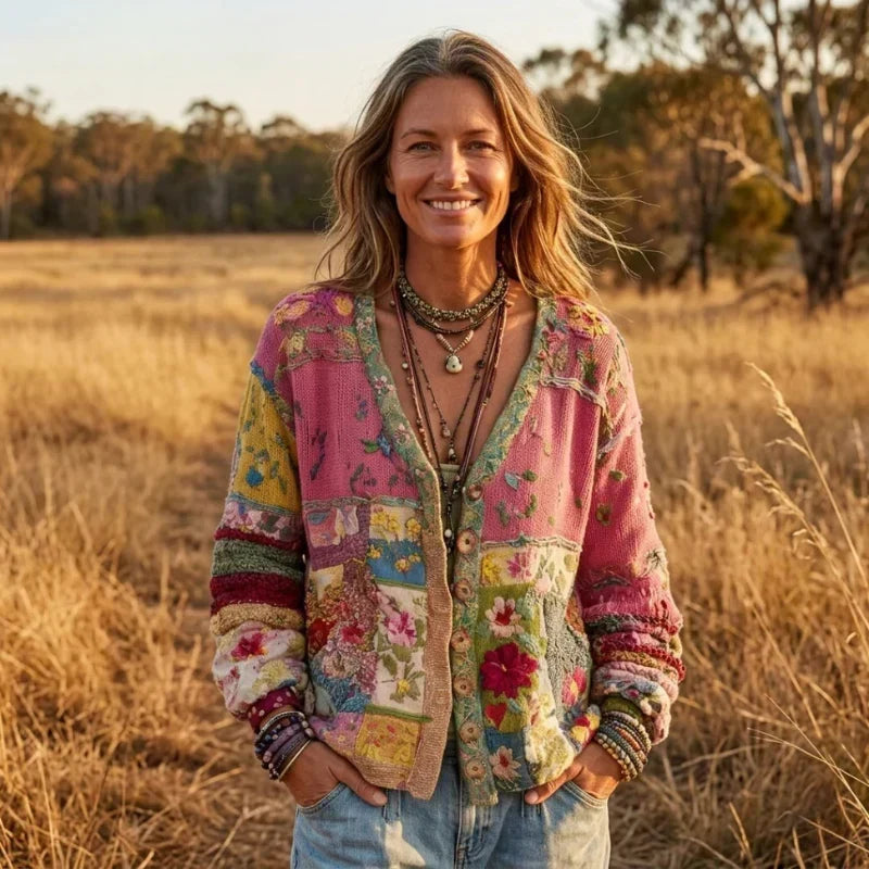 Opal | Patchwork Cardigan with Bohemian Floral Knit