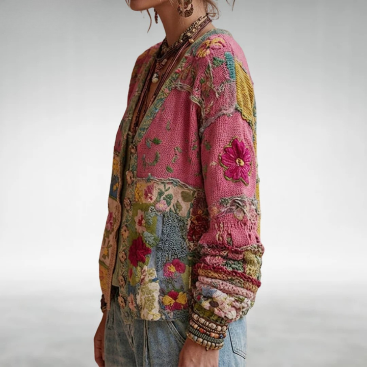 Opal | Patchwork Cardigan with Bohemian Floral Knit