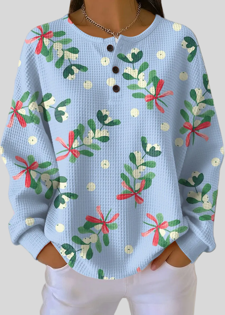 Avery | Waffle-Knit Christmas Print Sweatshirt
