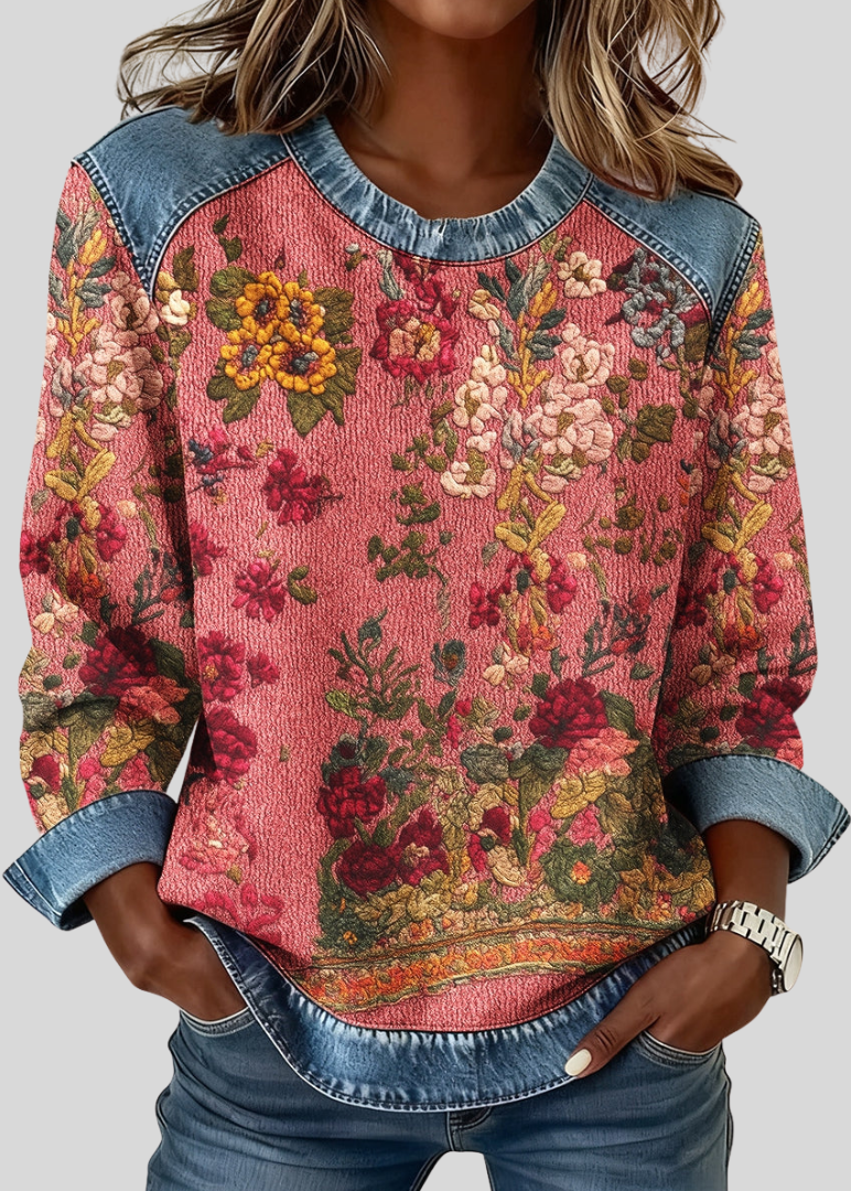 Faye | Sweatshirt with Floral Print and Contrast Cuffs