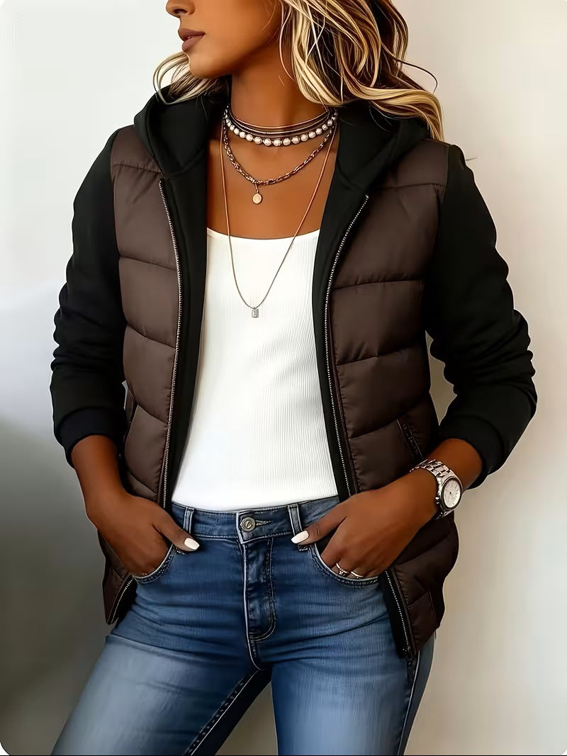 Grace | Quilted Colour Block Hooded Jacket - Brown