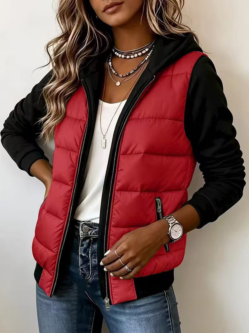 Grace | Quilted Colour Block Hooded Jacket - Bright Red