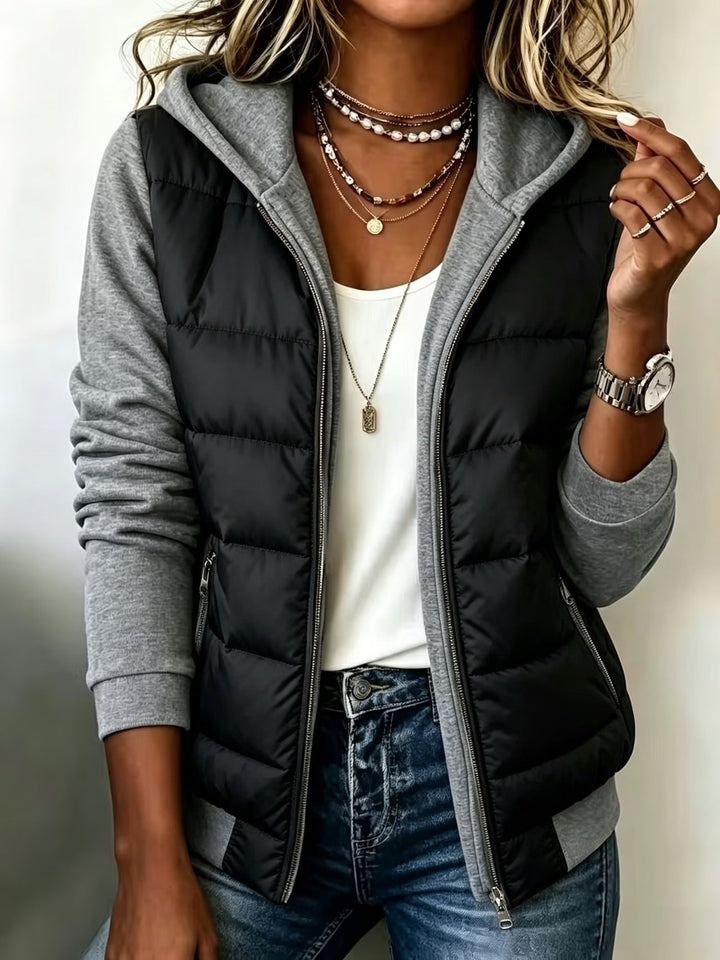 Grace | Quilted Colour Block Hooded Jacket - Black