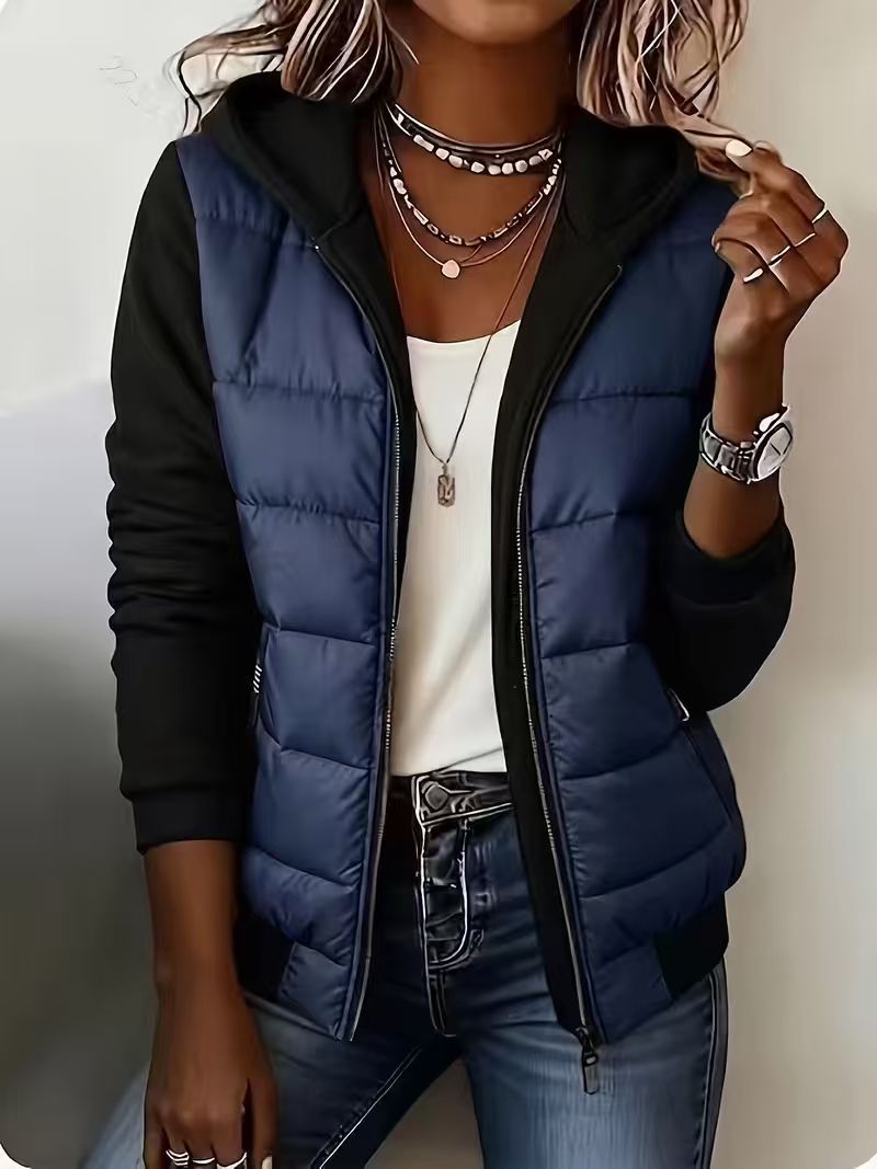 Grace | Quilted Colour Block Hooded Jacket - Navy Blue