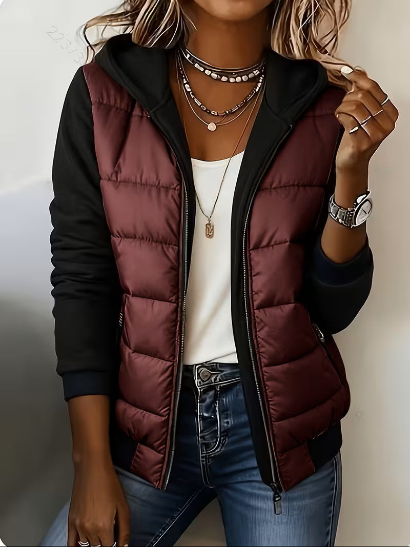 Grace | Quilted Colour Block Hooded Jacket - Burgundy