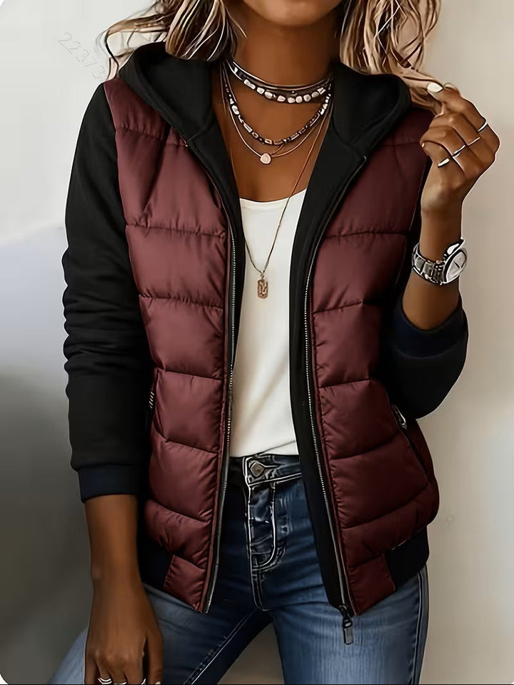 Grace | Quilted Colour Block Hooded Jacket - Burgundy
