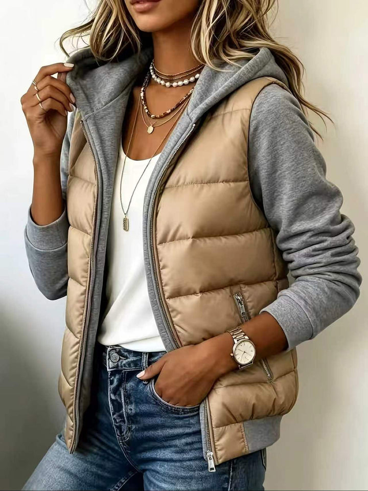 Grace | Quilted Colour Block Hooded Jacket - Khaki Grey