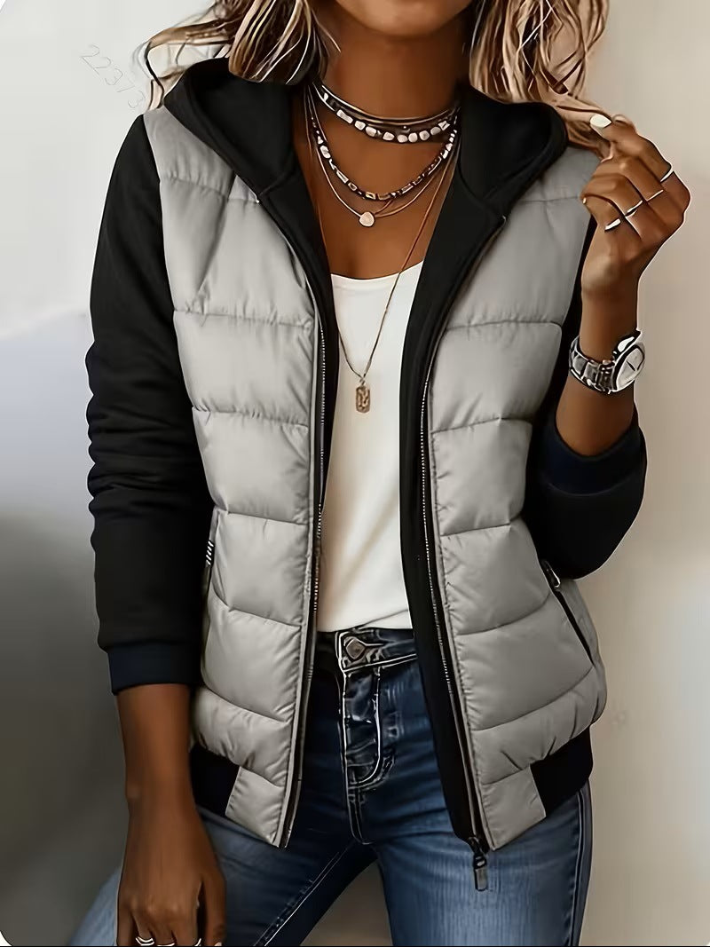 Grace | Quilted Colour Block Hooded Jacket - Grey