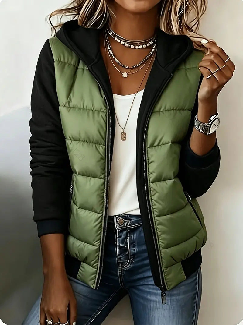 Grace | Quilted Colour Block Hooded Jacket - Grass Green
