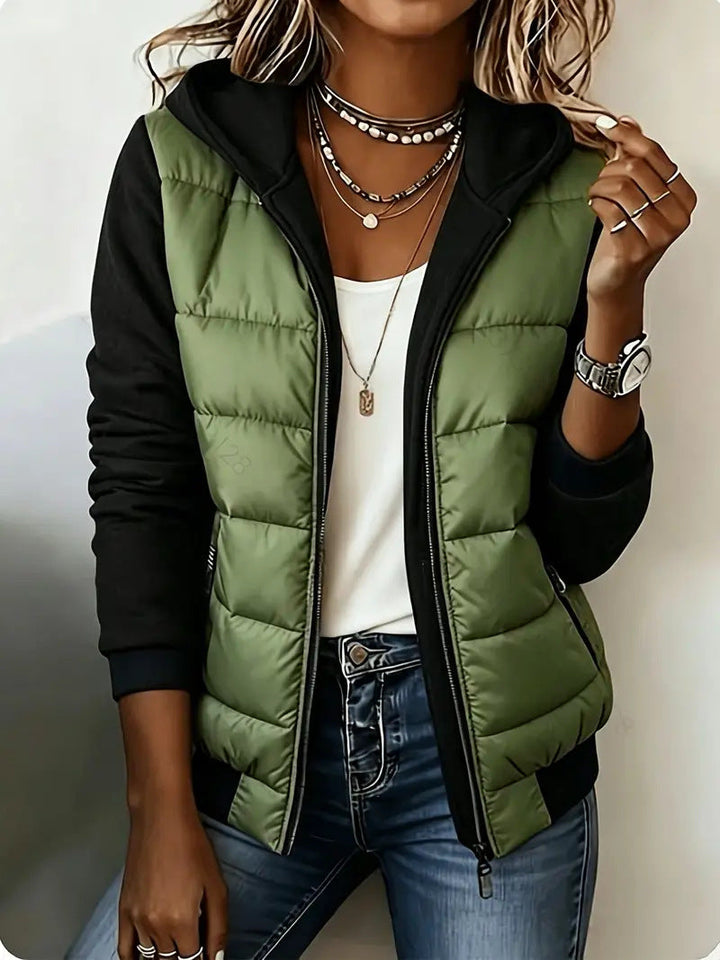 Grace | Quilted Colour Block Hooded Jacket - Grass Green