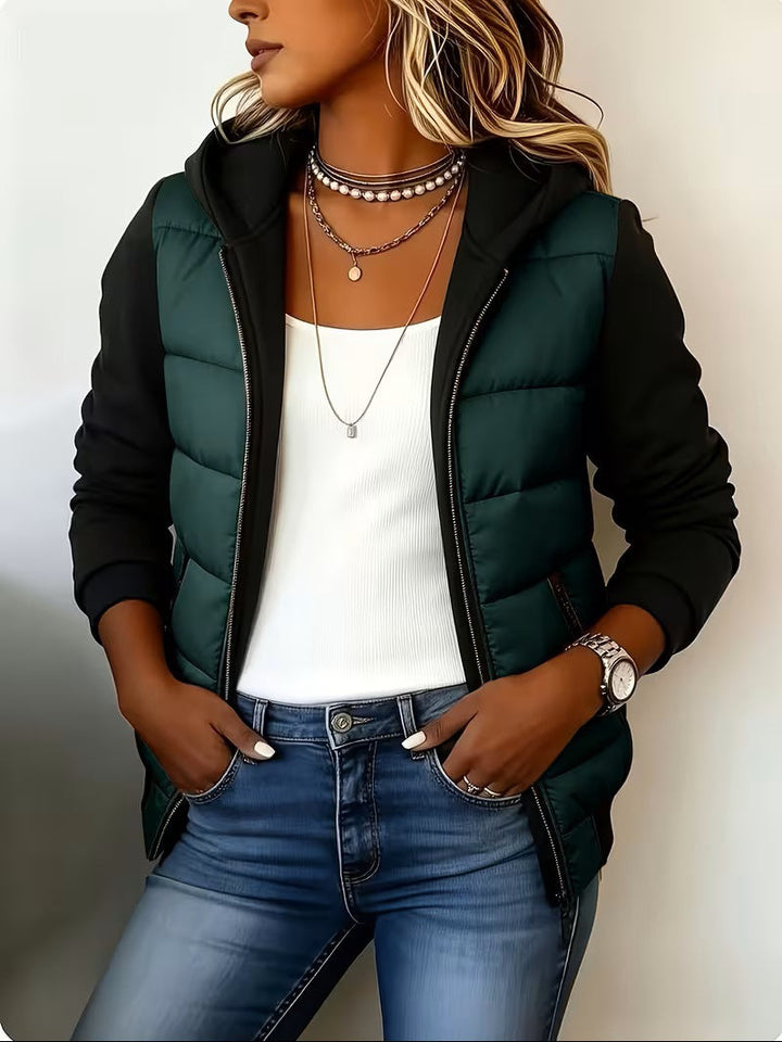 Grace | Quilted Colour Block Hooded Jacket - Dark Green