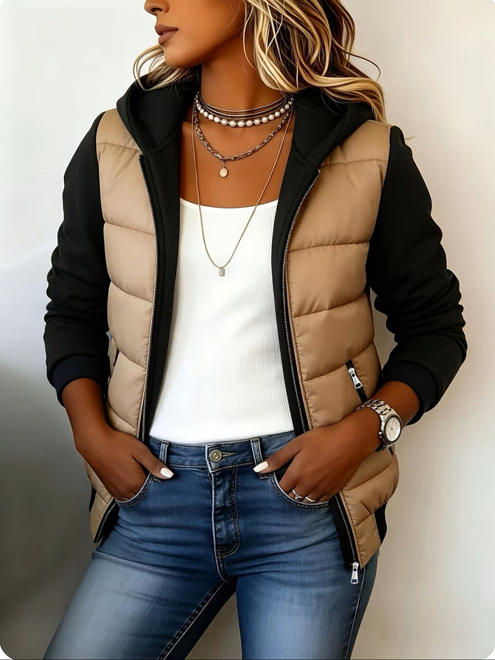 Grace | Quilted Colour Block Hooded Jacket - Khaki Black