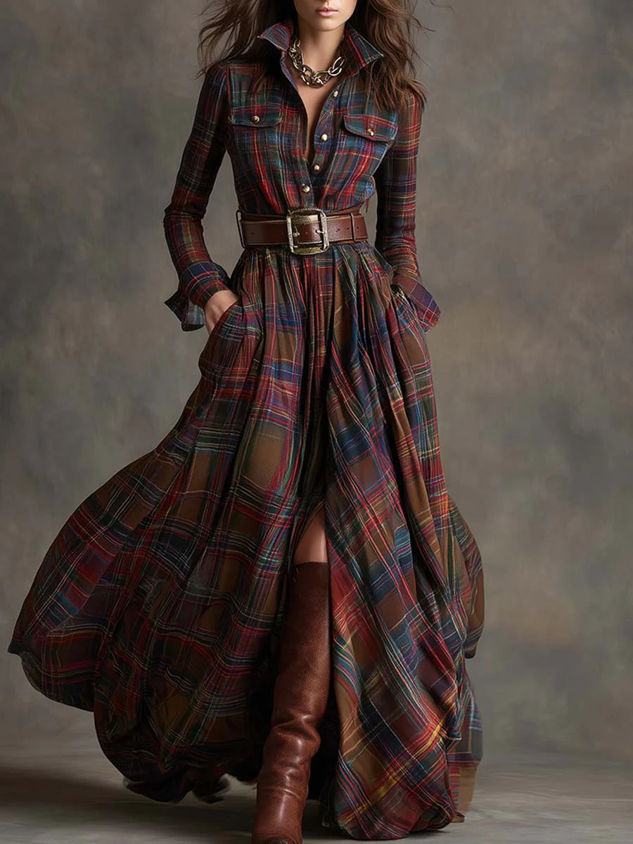 Rosalind - Belted Plaid Maxi Shirt Dress