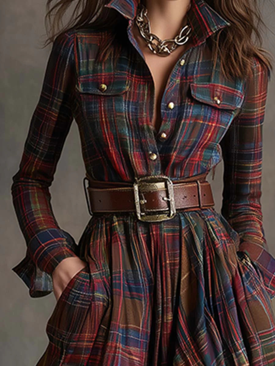 Rosalind - Belted Plaid Maxi Shirt Dress