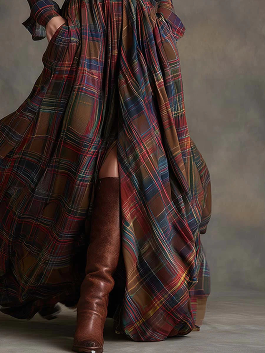 Rosalind - Belted Plaid Maxi Shirt Dress