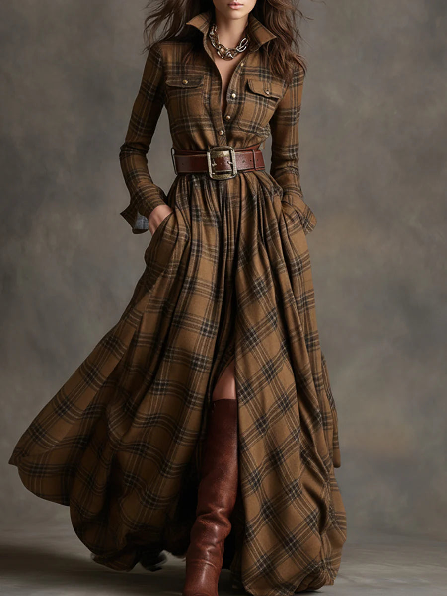 Rosalind - Belted Plaid Maxi Shirt Dress
