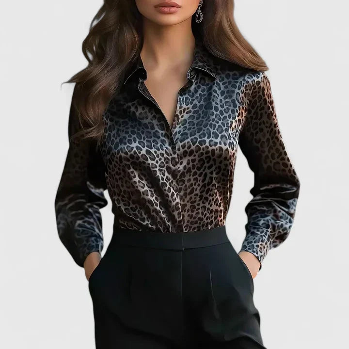 Astrid | Women's Leopard Print Collared Long Sleeve Blouse
