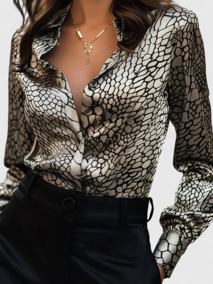 Astrid | Women's Leopard Print Collared Long Sleeve Blouse