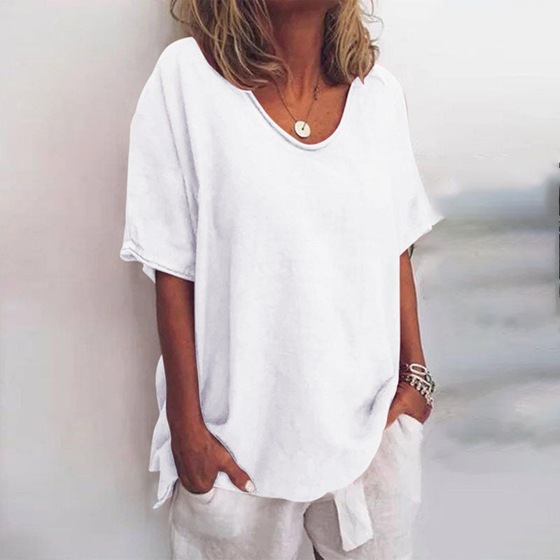 Calandra | Women's Loose V-Neck Short Sleeve Blouse