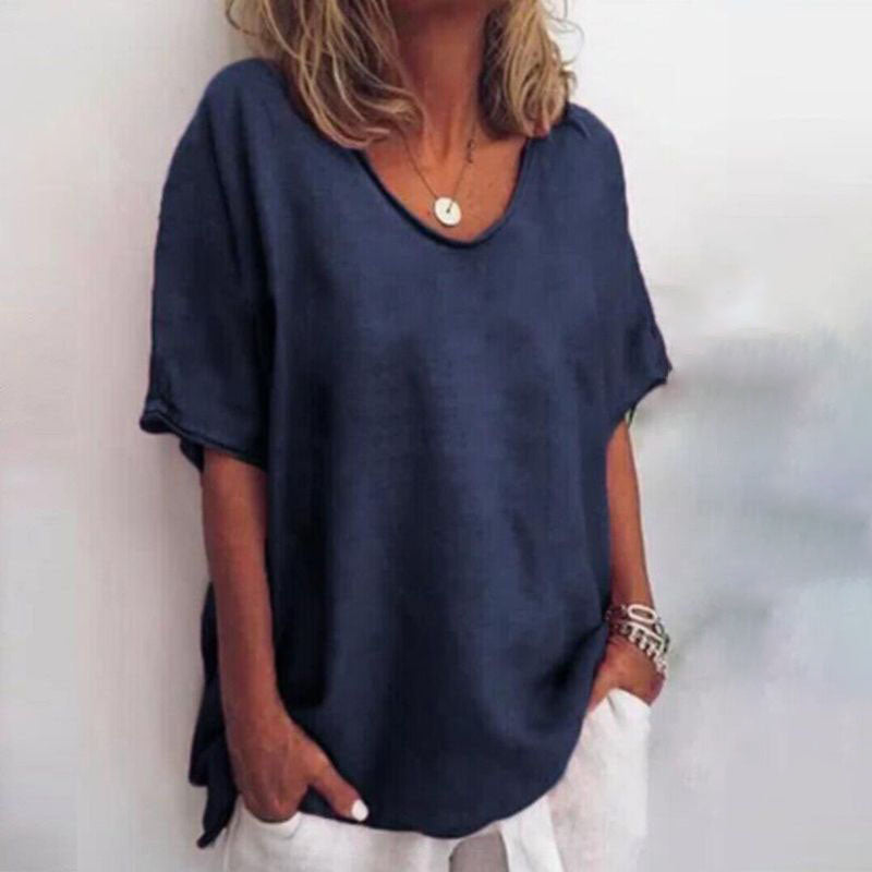 Calandra | Women's Loose V-Neck Short Sleeve Blouse