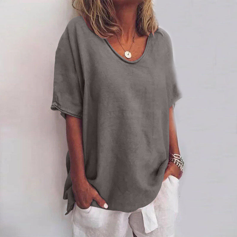 Calandra | Women's Loose V-Neck Short Sleeve Blouse