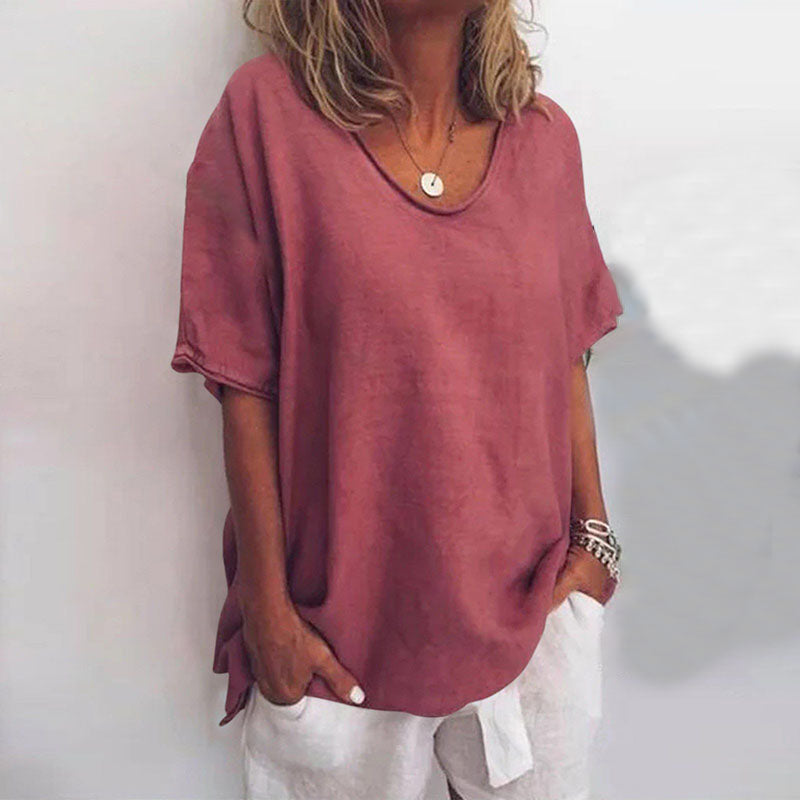 Calandra | Women's Loose V-Neck Short Sleeve Blouse