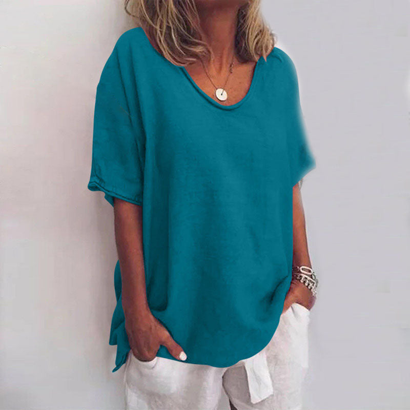 Calandra | Women's Loose V-Neck Short Sleeve Blouse