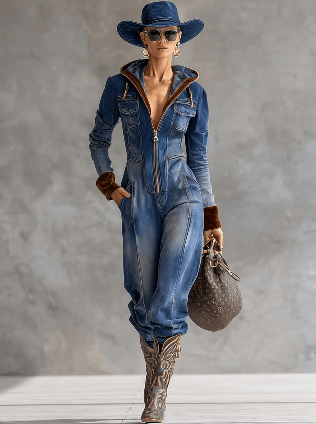 Darcy | Women's Hooded Long Sleeve Zip-Up Jean Jumpsuit