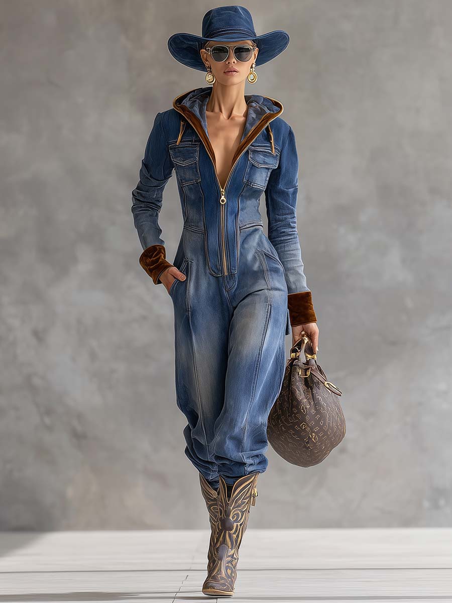 Darcy | Women's Hooded Long Sleeve Zip-Up Jean Jumpsuit