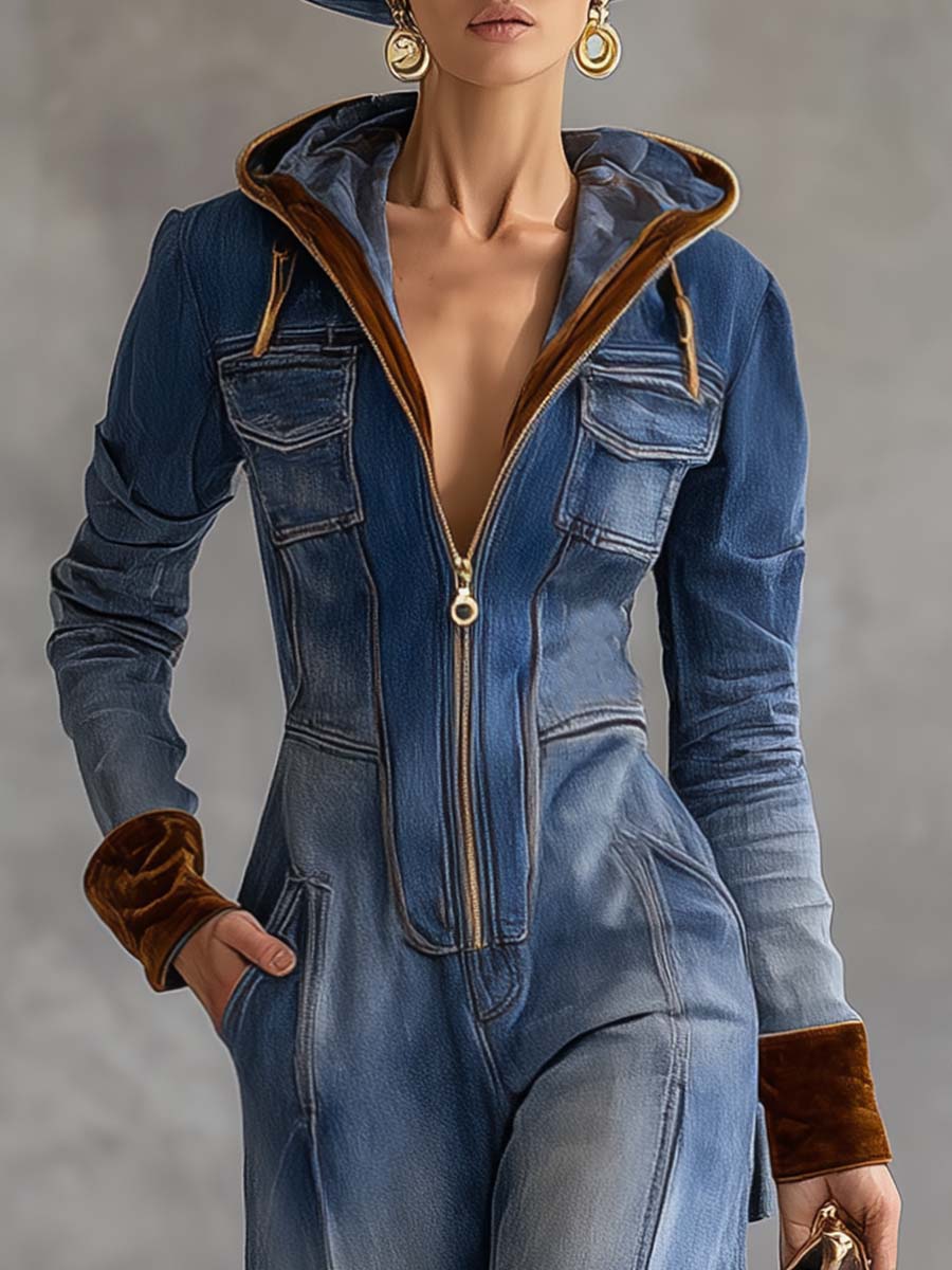 Darcy | Women's Hooded Long Sleeve Zip-Up Jean Jumpsuit