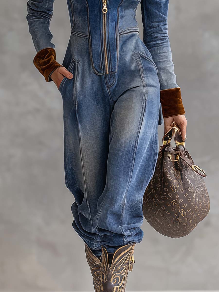 Darcy | Women's Hooded Long Sleeve Zip-Up Jean Jumpsuit