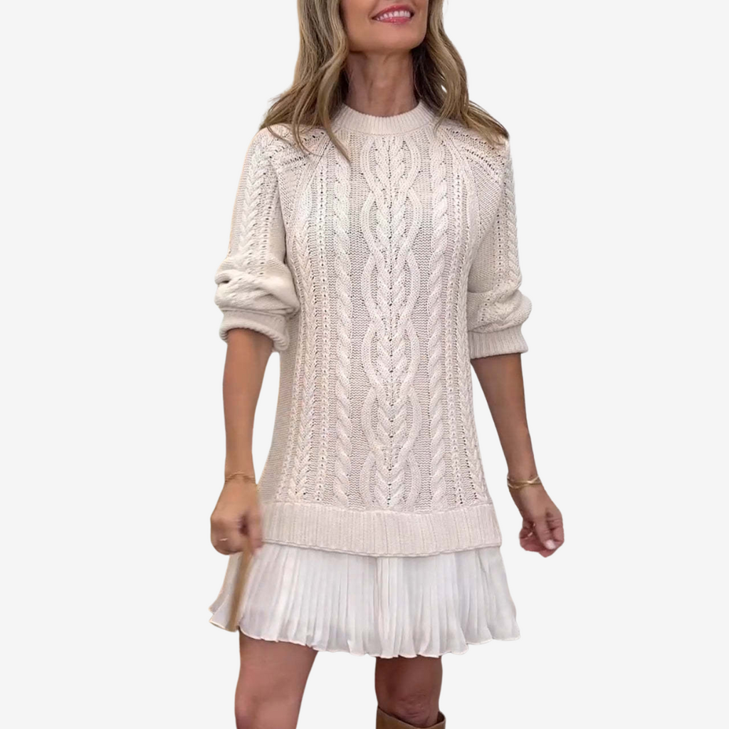 Fleur | Women's Cable Knit Sweater Dress with Pleated Hem
