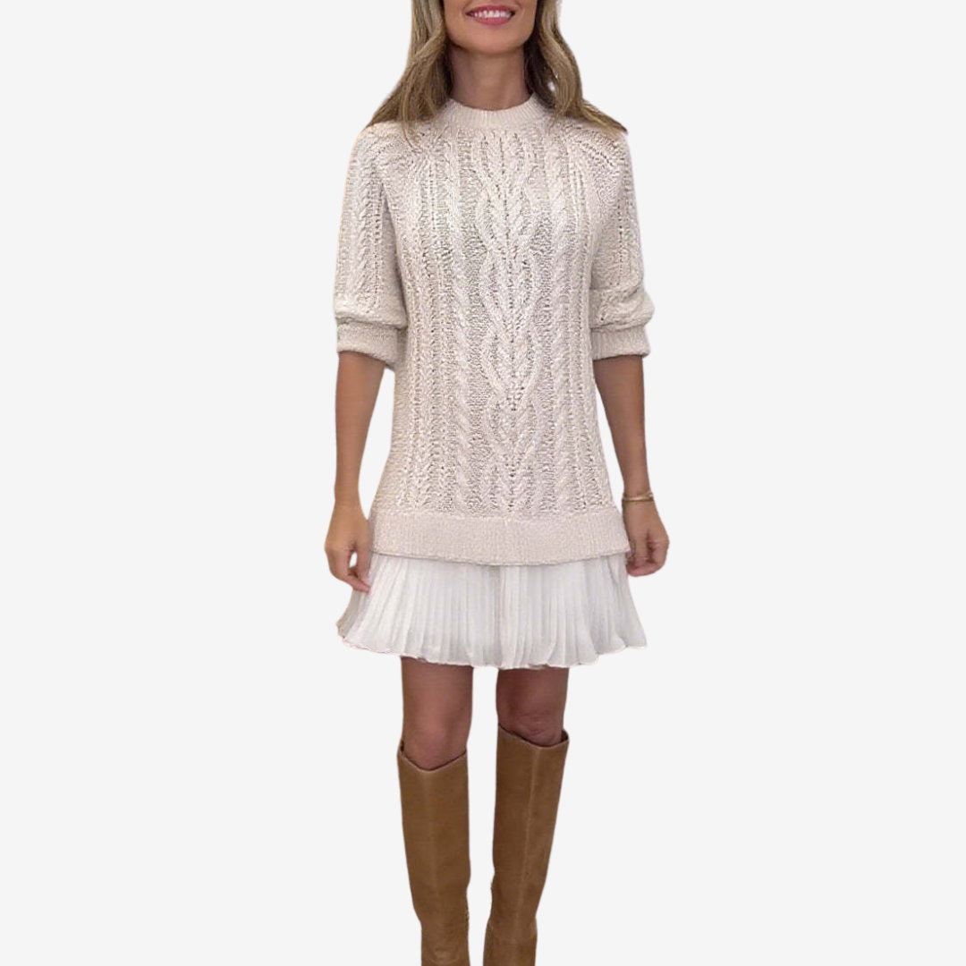Fleur | Women's Cable Knit Sweater Dress with Pleated Hem