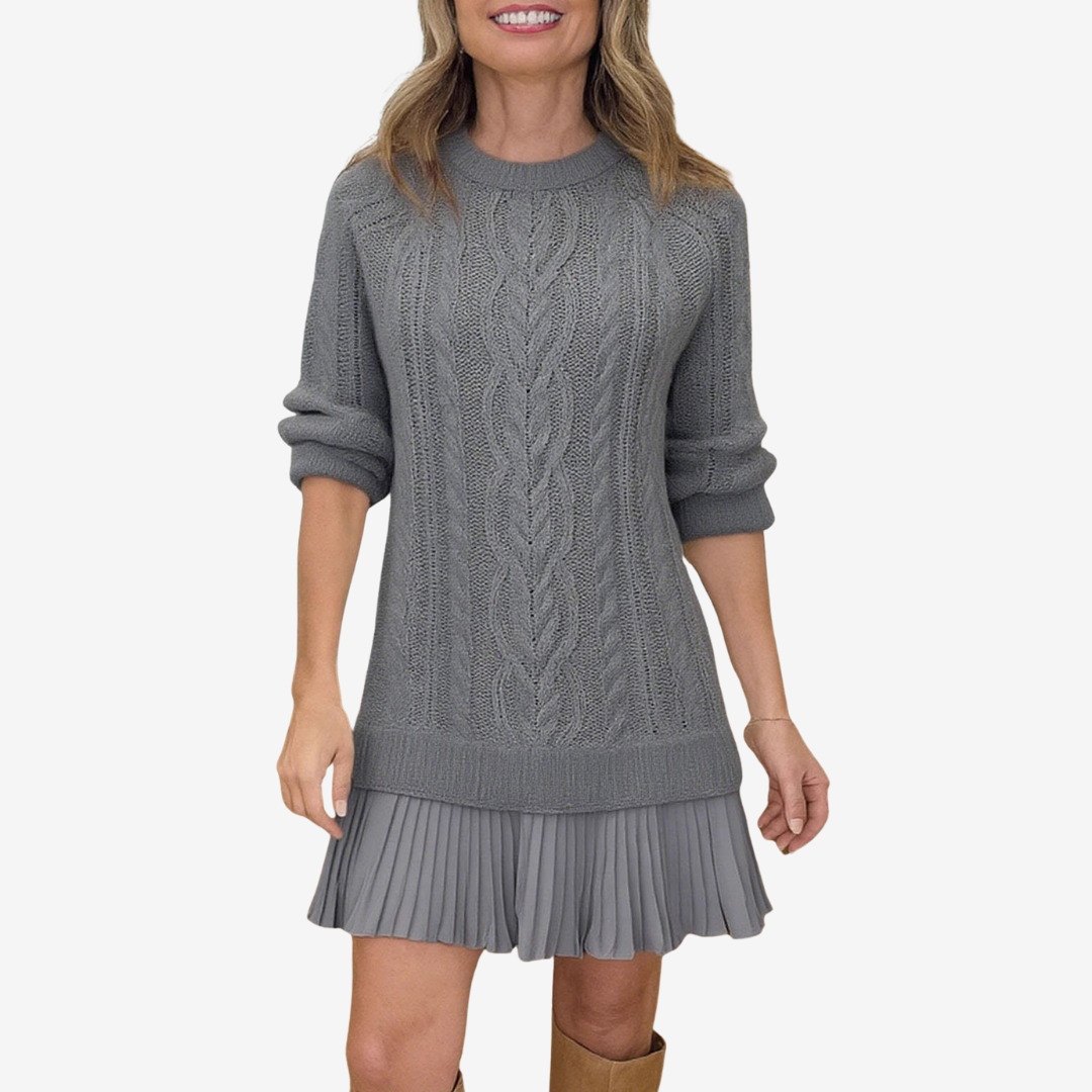 Fleur | Women's Cable Knit Sweater Dress with Pleated Hem