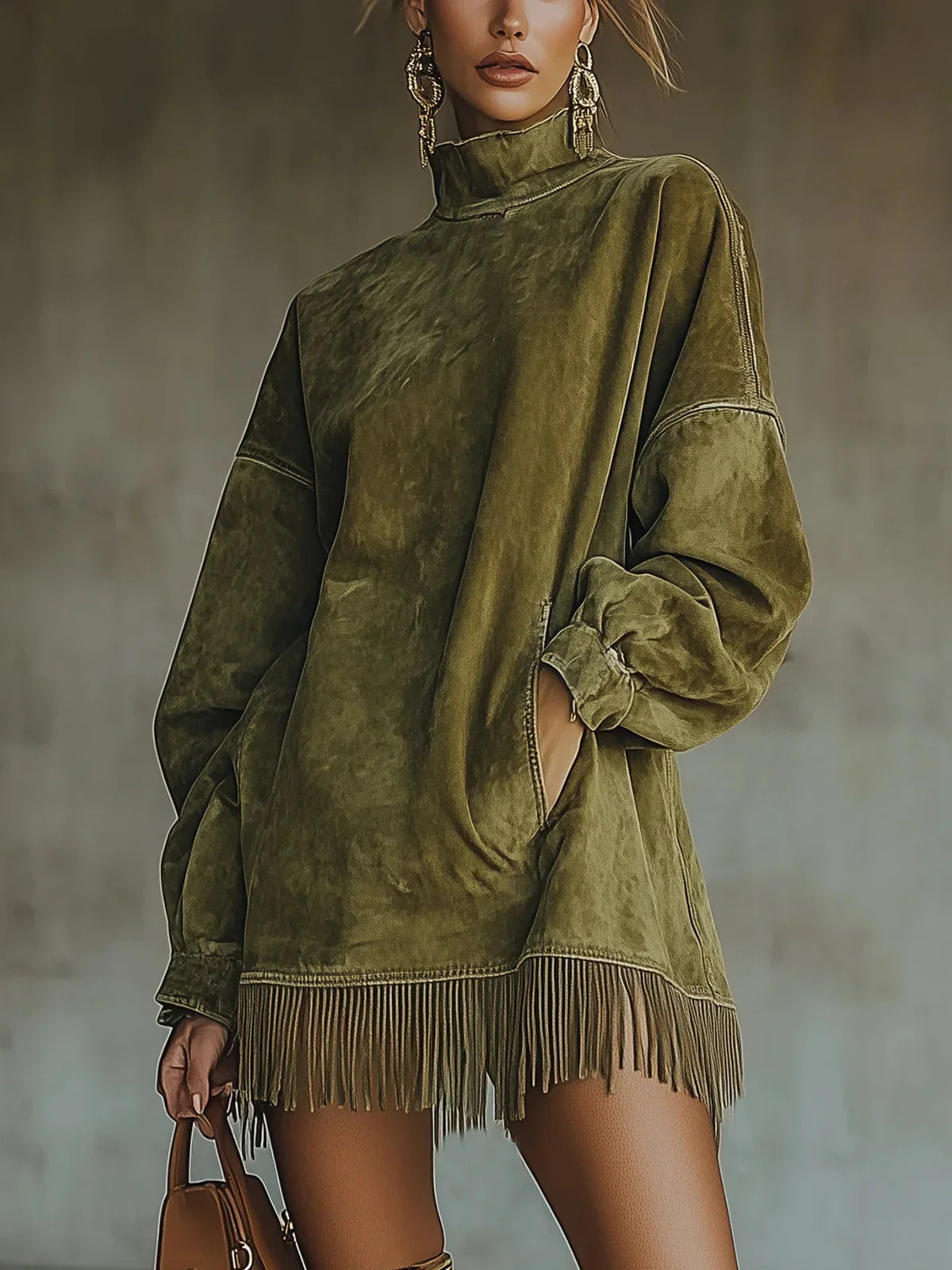 Mylène - Fringed Suede Turtleneck Dress