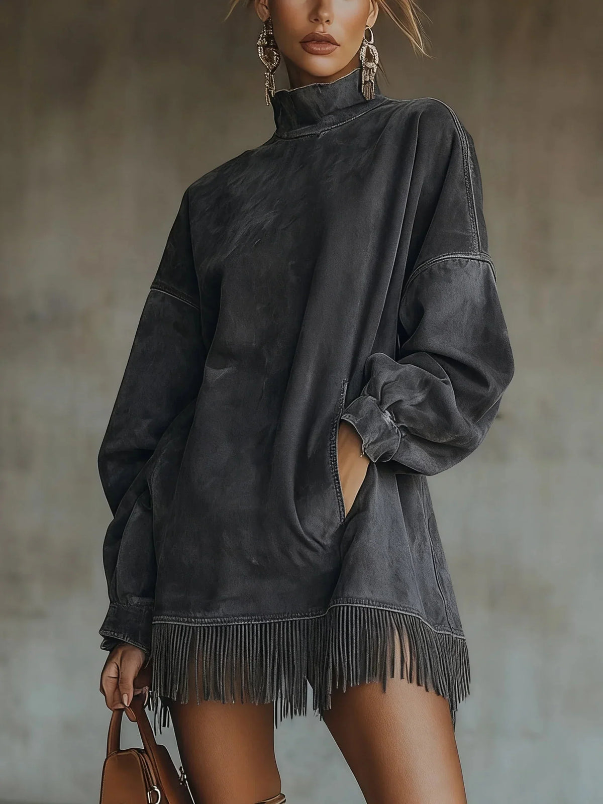 Mylène - Fringed Suede Turtleneck Dress