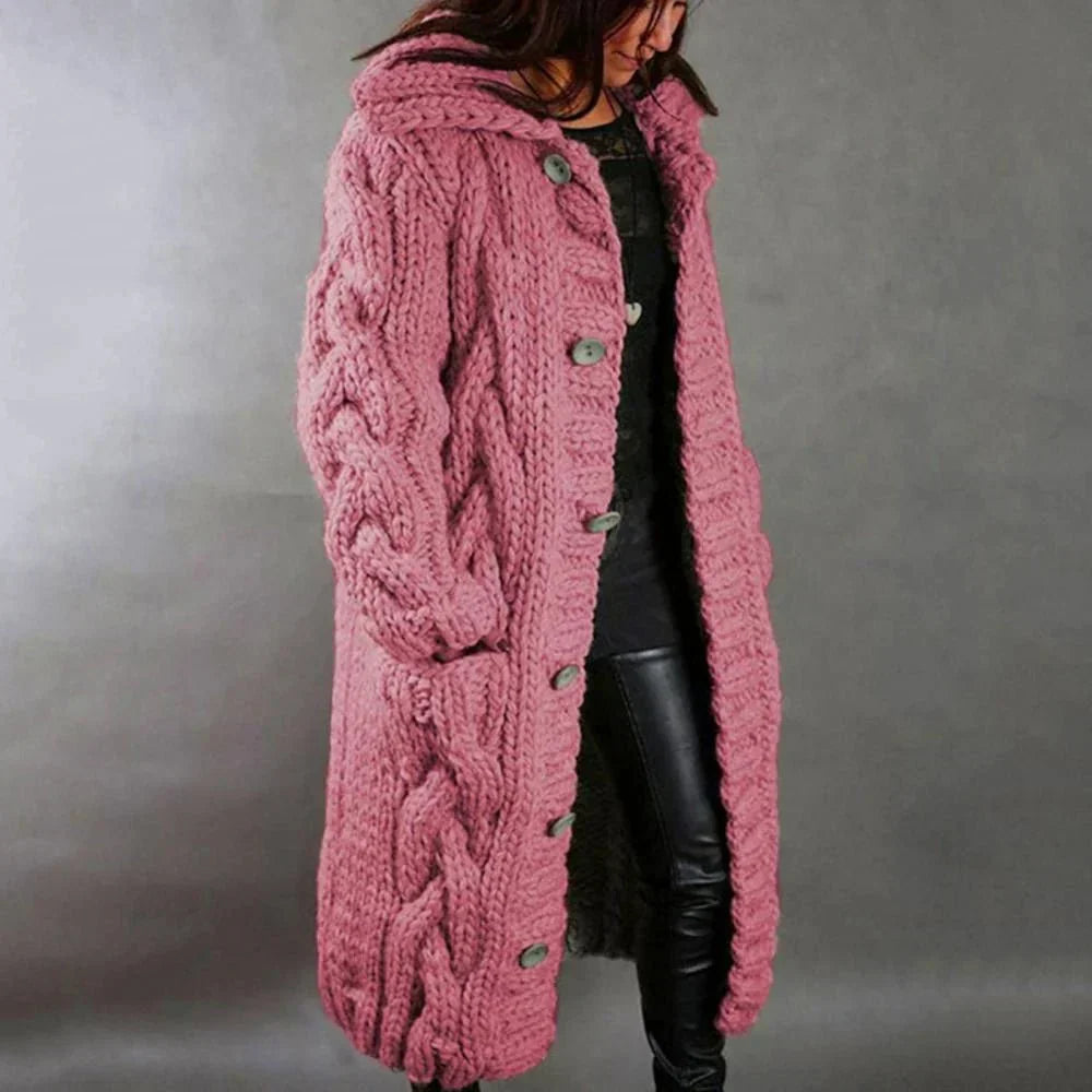 Sandra | Long Hooded Cable-Knit Cardigan with Pockets - Pink