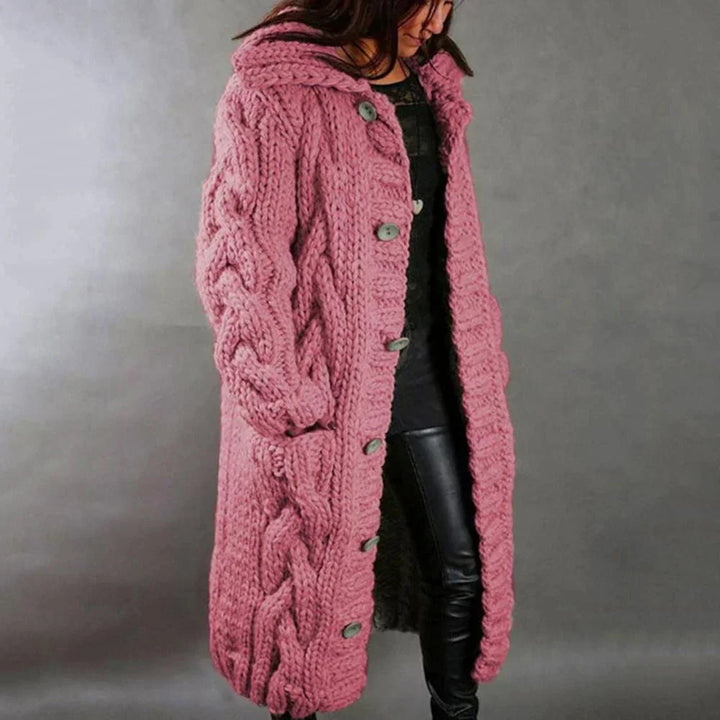 Sandra | Long Hooded Cable-Knit Cardigan with Pockets - Pink