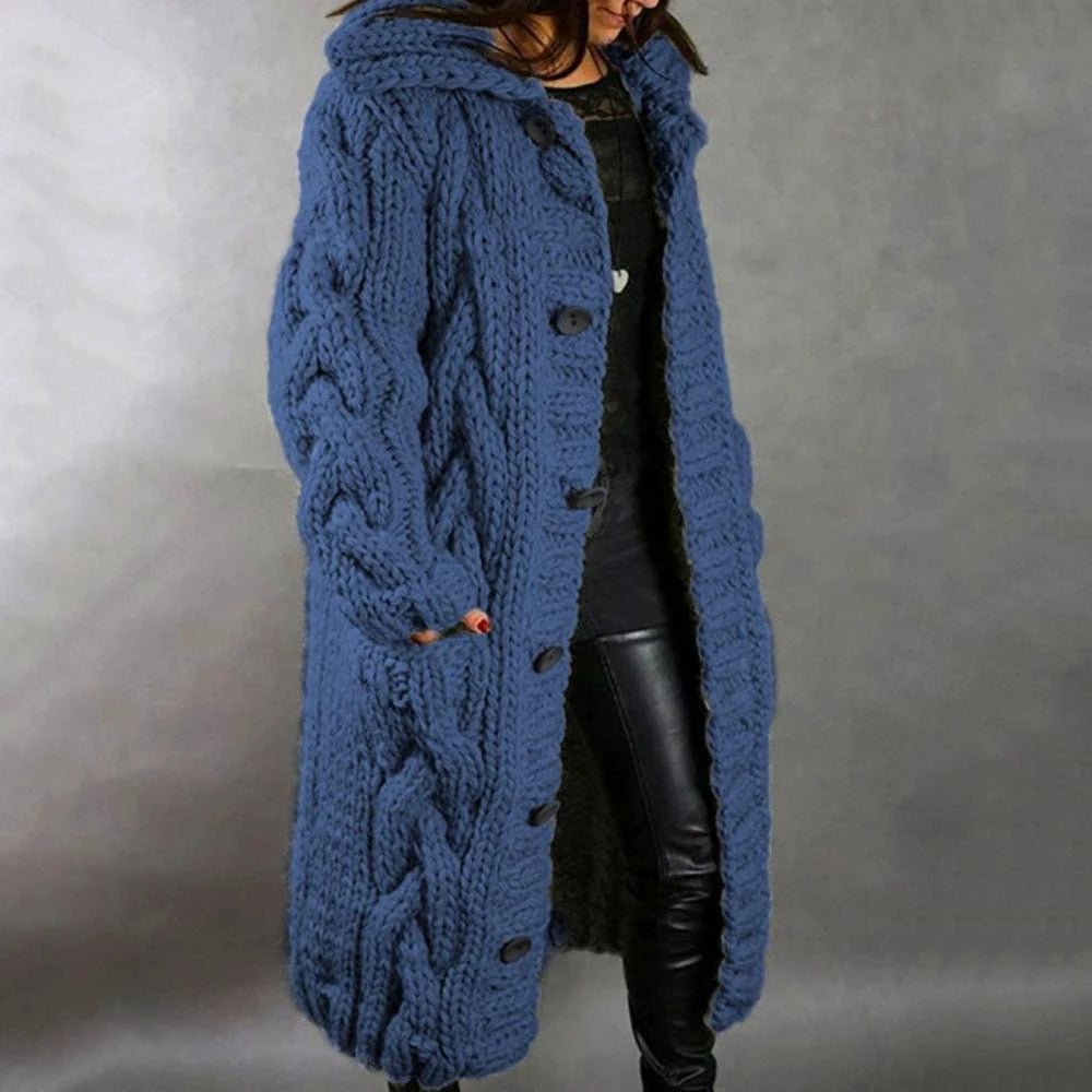 Sandra | Long Hooded Cable-Knit Cardigan with Pockets - Dark Blue
