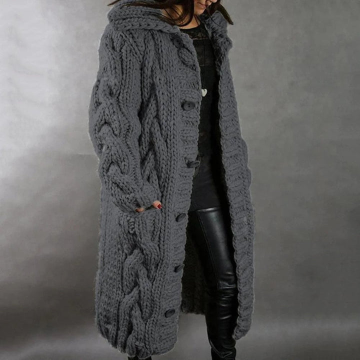 Sandra | Long Hooded Cable-Knit Cardigan with Pockets - Dark Grey