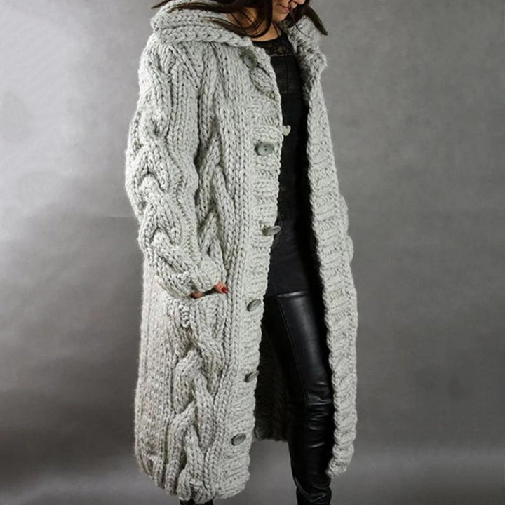 Sandra | Long Hooded Cable-Knit Cardigan with Pockets - Light Grey