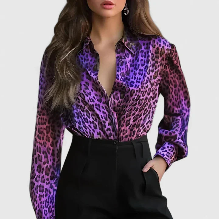 Miette | Women's Leopard Print Collared Long Sleeve Blouse
