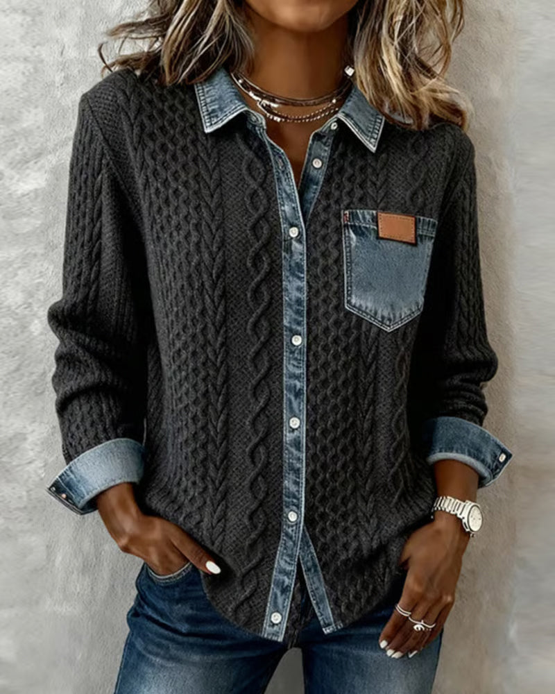 Minerva | Women's Cable Knit Collared Long Sleeve Shirt